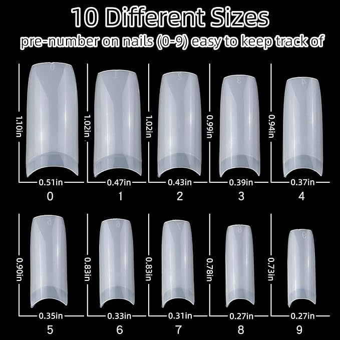 1000pcs Clear and Natural Square Nail Tips,10 Size French Nail Tips For Acrylic Nails Half Cover False Nails Extension Artificial Fingernails