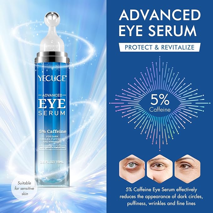 5% Caffeine Eye Serum, Under Eye Roller Cream for Dark Circles, Puffiness, Bags Under Eyes - 360° Massage Ball Cream for Wrinkles, Christmas Gifts for Women (0.5 fl. oz.)