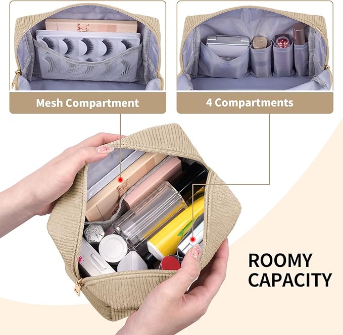 MAGEFY Corduroy Makeup Bag Small Makeup Bag for Purse with Compartments Cute Makeup Pouch Cosmetic Bag for Women Friends Preppy Gifts (Beige, SKIN)