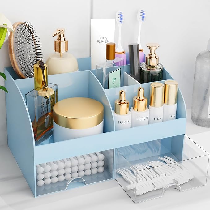 Makeup Organizer with Drawers, Cosmetic Storage for Dresser Vanity and Bathroom Countertop, Beauty Holder for Lipstick Brush, Skincare Organizer for Vanity, Cosmetic Display Case (Blue)
