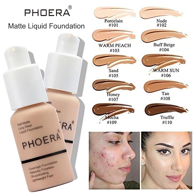 Hilareco PHOERA Foundation,PHOERA CC Cream Foundation Color Correcting Anti Aging Hydrating Serum &SPF 25+,PHOERA Primer, PHOERA Makeup Foundation, Makeup Brushes (102 Nude+100 Porcelain CC Cream)