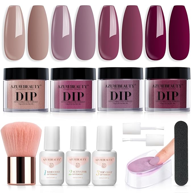Dip Nails Powder Starter Kit, AZUREBEAUTY 4 Colors Intellectual lady Brown Purple Dipping Powder Set with Base & Top Coat Activator Recycling Tray for French Nail Art Manicure Salon DIY at Home