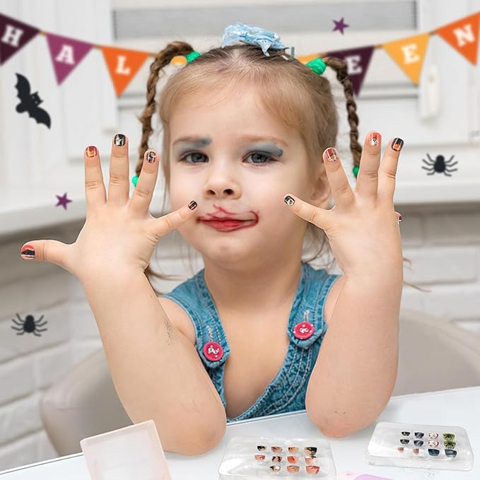 108Pcs Halloween Fake Press on Nails for Kids, Acrylic Full Cover False Press on Nails Girls Stick on Nails for Kids Children Halloween Birthday Party Favors Gift Nail Art Decoration(9 Pack)
