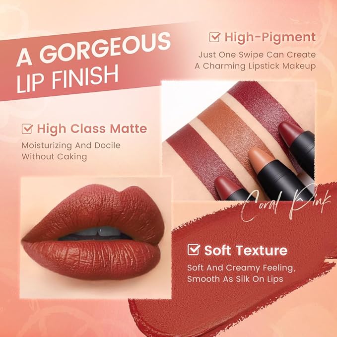 FOCALLURE Ultra Chic Matte Lipstick,Rich Vitamin E Lip Crayon,Lightweight Matte Color without Drying or Fading,Long Lasting Waterproof Lips Makeup,CHESTUNT