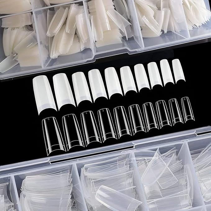 1000pcs Clear and Natural Square Nail Tips,10 Size French Nail Tips For Acrylic Nails Half Cover False Nails Extension Artificial Fingernails