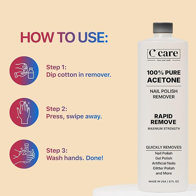 100% Pure Acetone Nail Polish Remover | Professional Quality | Easy To Use | Rapidly Removes Natural, Gel, Acrylic, shellac, and Glitter Nails | 8 Fl oz