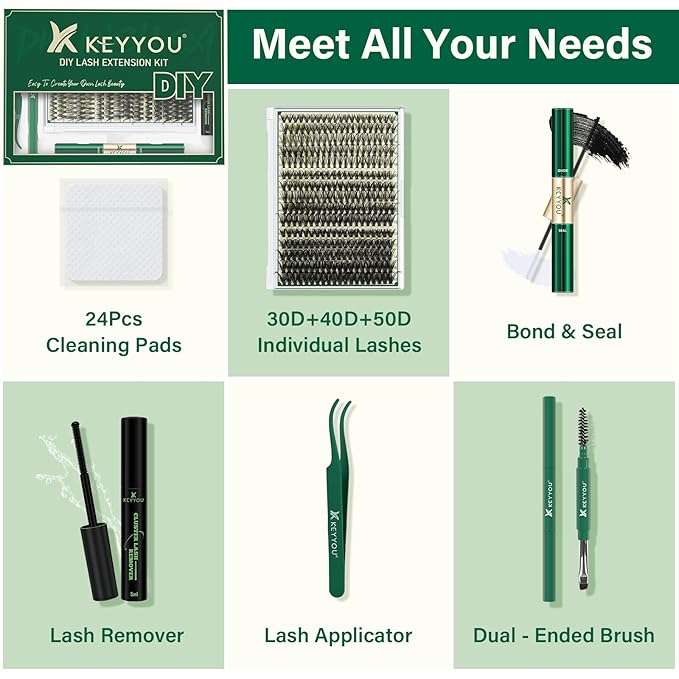DIY Lash Extension Kit KEYYOU 300Pcs Individual Eyelash Extension Kit 30D40D50D 0.07D Curl 9-18MIX Lash Clusters Kit with Lash Glue Remover Applicator Easy to Use(Kit-30D40D50D-D-9-18MIX)