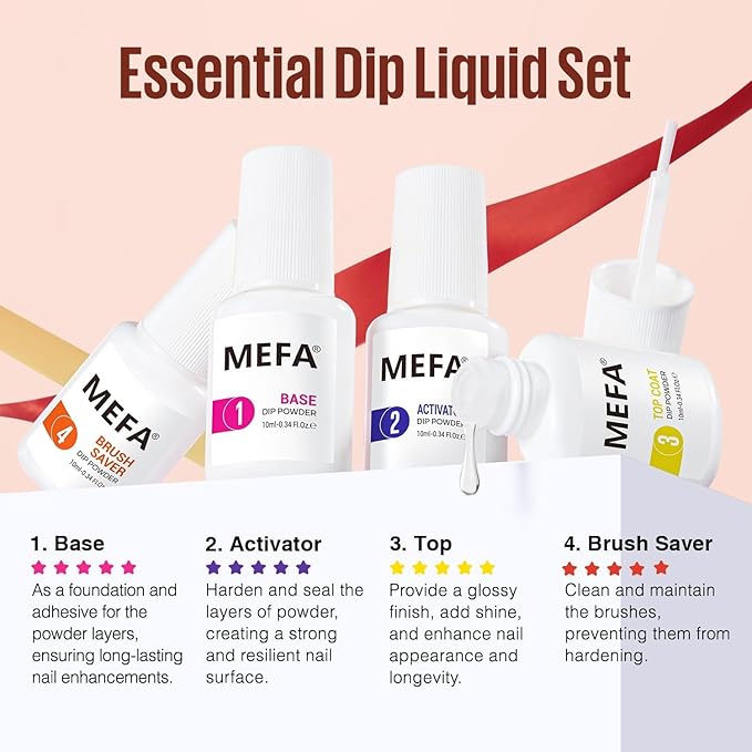 MEFA 32 Colors Dip Powder Nail Kit Pink Glitter Clear Nude White All Seasons Tones Dipping Powder with Base Top Coat Activator Brush Saver Liquid Set, French Nail Art Manicure