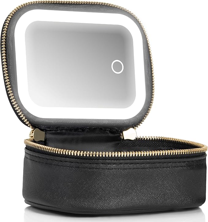 Small Makeup Bag Travel Train Case with Mirror and Light Mini Travel Make up for Women Train Case Cosmetic Organizer 3 Adjustable Brightness Toiletry Bag Portable Artist Storage