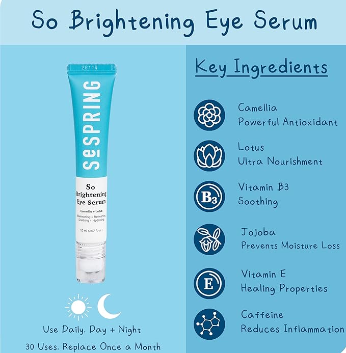 So Brightening Eye Serum Korean Skincare, For Dark Circles Under Eye Treatment, with Camella, Lotus, Jojoba, Caffeine, Vitamins B3, and E, Vegan, No Paraben, Cruelty Free, 20 ml/0.67 oz