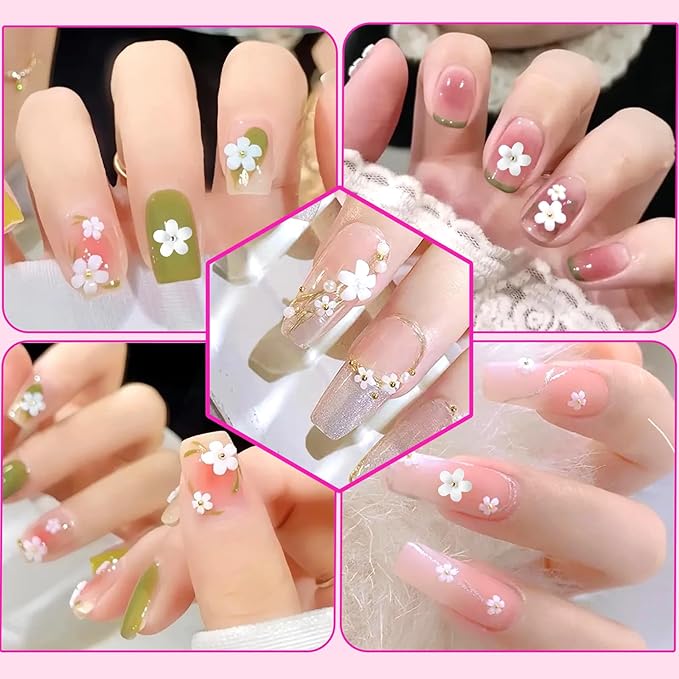 1000 Pcs White Flowers Nail Charms, Small Flower Charms for Nails, Mixed Spring Tiny Flowers Acrylic Nail Charm with Metal Golden Beads for Nails Art DIY Jewels Accessories