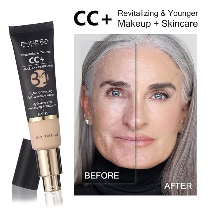 PHOERA Foundation,PHOERA CC Cream Foundation Color Correcting Anti Aging Hydrating Serum &SPF 25+,PHOERA Primer, PHOERA Makeup Foundation, Makeup Brushes (102 Nude+140 Buff Beige CC Cream)