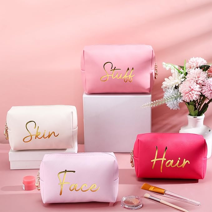 Aliceset 4 Pcs Preppy Makeup Bags Set Cute Travel Cosmetic Pouch Face Skin Hair Stuff Aesthetic Makeup Bags, PU Leather Waterproof Zipper Toiletry Pouch Gifts for Women Girl(Bright Pink)
