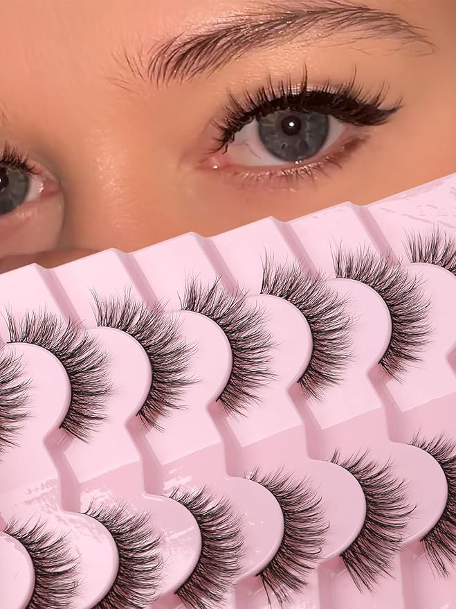 Eyelashes Natural Cat Eye Lashes 16mm Flase Eyelashes Flared Strip Lashes Fluffy False Lashes That Look Like Extensions C Curl Wispy Lashes Siligli Soft Lashes Pack 7 Pair