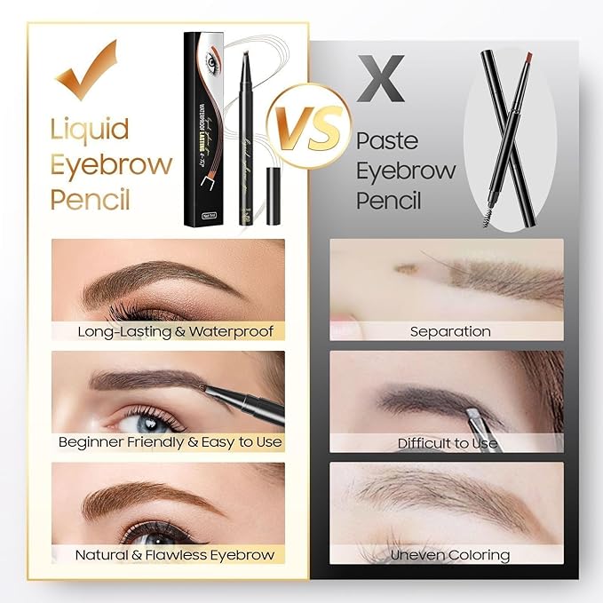 Eyebrow Pencil Eyebrow Microblading Pen - Eye Makeup Brow Pen Liquid Pencil with 4 Micro-Fork Tip, Waterproof & Long-Lasting & Smudge-Proof Brow Pencil, Voluminous Hair Stays on All Day (Dark brown)