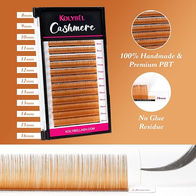 Kolybel Colored Premium Eyelash Extensions 0.07 C Curl 8-16mm Mixed Length,Premium Individual Silk Lash Extension,Professional Eyelash Extension Supplies for Lash Techs (Light Brown,0.07-C 8-16mm)