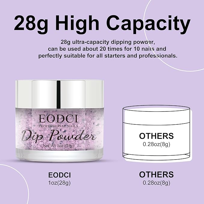 Lavender Glitter Dip Powder, Nail Dipping Powder 1 Oz/28g Purple Colors with Platinum foil for DIY Manicure Salon at Home Easy to Use Nail Dip Powder for Women Gift No Needed Nail Lamp Curing