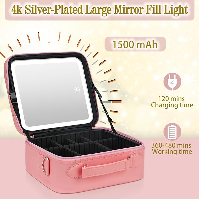 Travel Makeup Bag with Light Up Mirror,Makeup Travel Case with adjustable dividers,Waterproof Makeup Train Case,lighted Makeup Case with Detachable Mirror