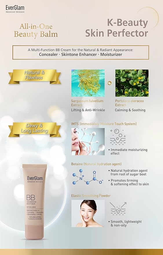 K-Beauty Skin Perfector Korean BB Cream, Light Medium - Flawless, Natural Glow in Seconds | Multi-Function Tinted Moisturizer: Stays On All Day, Dewy, Water-Resistant, Oil-Controlling