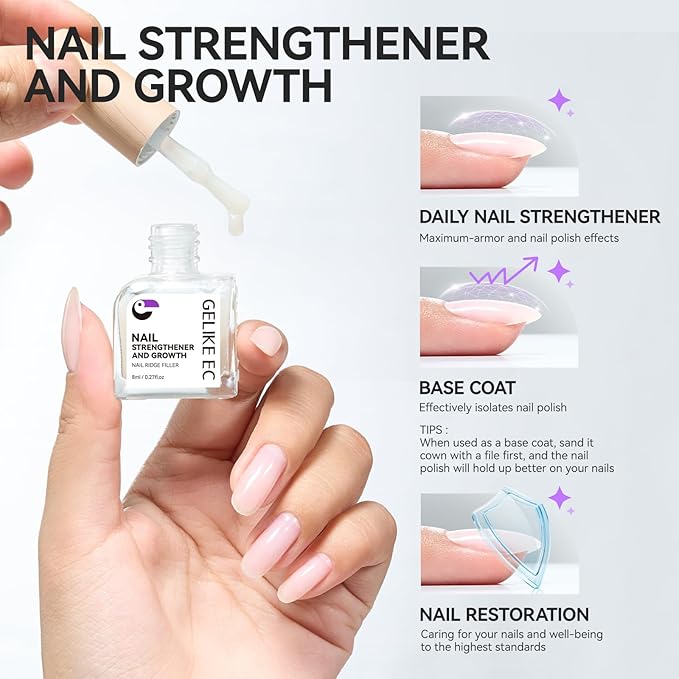 Gelike EC Ridge Filler Nail Strengthener: Milky White Extra Strong Nail Hardener for Damaged Nails & Growth Treatment for splitting nails - Organic, Vegan, Cruelty Free for Daily Home Salon