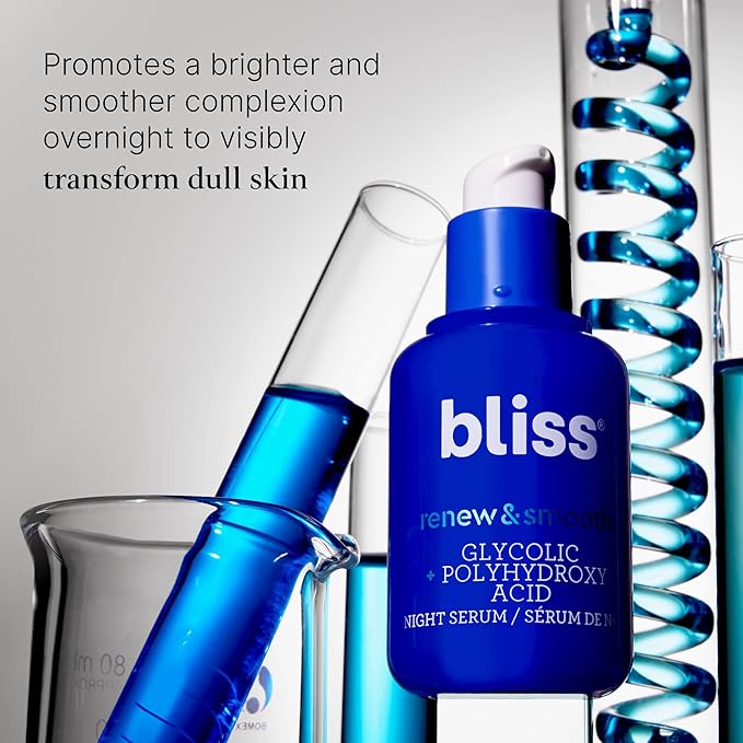 Bliss Renew & Smooth Night Face Serum | Resurfacing Treatment with Glycolic Acid and AHA Glycolic + Polyhydroxy Acid | for Smoother, Brighter Skin | Vegan & Cruelty-Free Exfoliating Serum | 1 Fl Oz