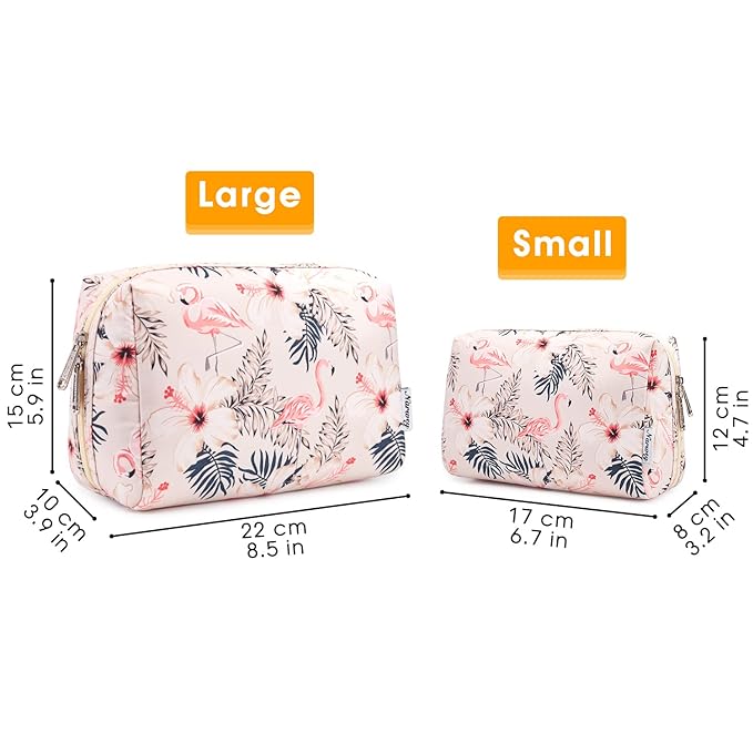 Narwey Cute Makeup Bag Travel Cosmetic Bag Organizer Toiletry Bag Make Up Bags with Compartments for Women Girls (Large, Beige Flamingo)