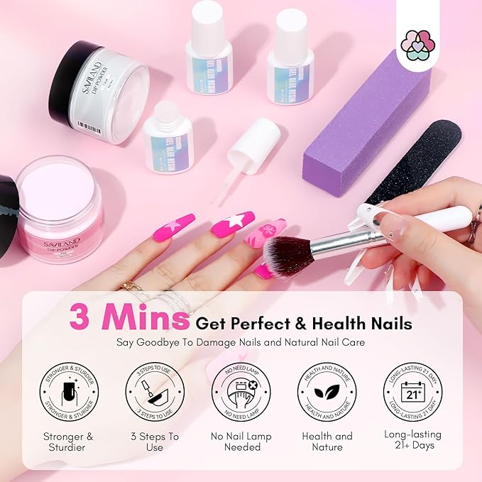 SAVILAND 60g Nail Repair Kit for Split Damaged Nails: 3 Mins Air Dry Quick & Easy Instant Broken Nail Repair Natural Clear & Pink Dip Powder with 21ml Nail Repair Glue Emergency Home & Salon Use