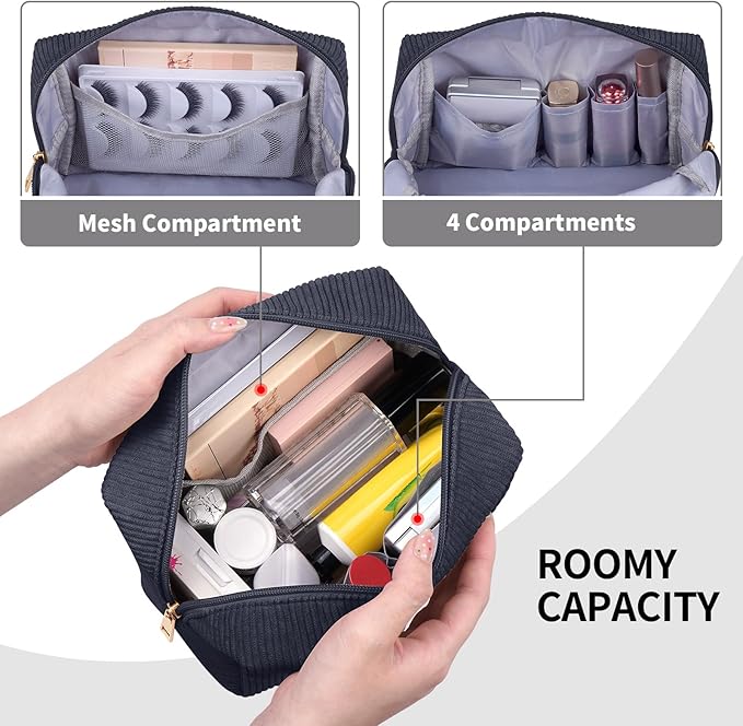 MAGEFY Small Makeup Bag for Purse Portable Makeup Pouch with Compartments Corduroy Make up Bag for Women Travel Cosmetic Essential (Dark Gray, HAIR)