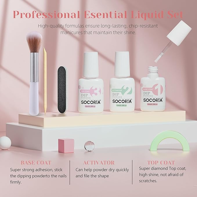 Dip Powder Nail Kit Starter, Skin Color Red Bean Paste Glitter Dipping Powder Liquid Set with Base Top Coat and Activator for Nail Art Manicure Salon DIY 9 Pcs