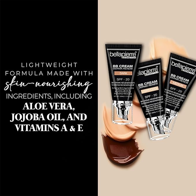 bellapierre BB Cream with SPF 20 - Tinted Sunscreen, Concealer, Matte Foundation, & Moisturizing Face Cream | Lightweight Formula + Pump Top Applicator | Non-Toxic & Paraben Free | 1.7 Oz - Light