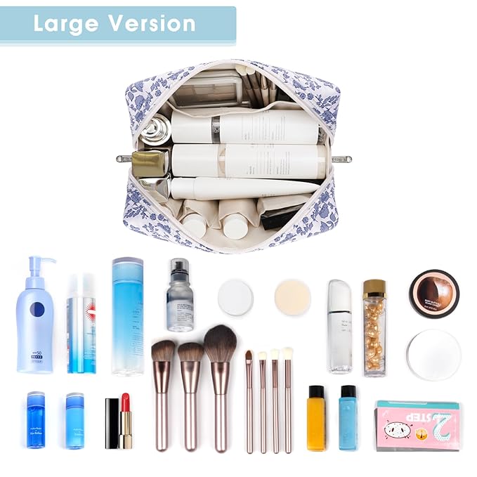 Narwey Cute Floral Makeup Bag Travel Cosmetic Bag Organizer Toiletry Bag Make Up Bags with Organized Pocket for Women Girls (Large, Little Grayish Blue Flower)