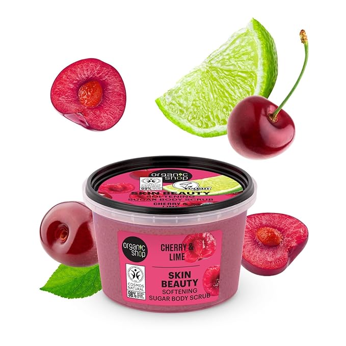 Cherry & Lime, Sugar Softening & Exfoliating Body Scrub, 100% Vegan & Organic, Daily Exfoliant, Detox & Moisturizer, Body, Face, Hand & Foot, Intensive Care & Skin Toning. 250ml.