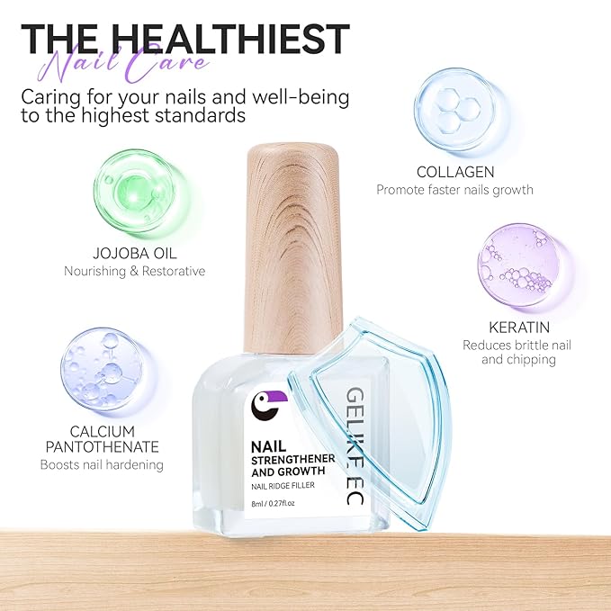Gelike EC Ridge Filler Nail Strengthener: Milky White Extra Strong Nail Hardener for Damaged Nails & Growth Treatment for splitting nails - Organic, Vegan, Cruelty Free for Daily Home Salon