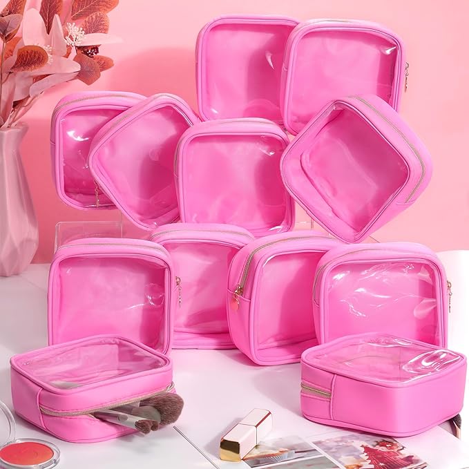 Kacctyen 12 Pcs Mini Makeup Bag Nylon Small Pouch for Purse Mini Square Nylon Pouch with Zipper Small Cosmetic Travel Makeup Bag Purse Organizer for Women (Pink Color,Translucent)