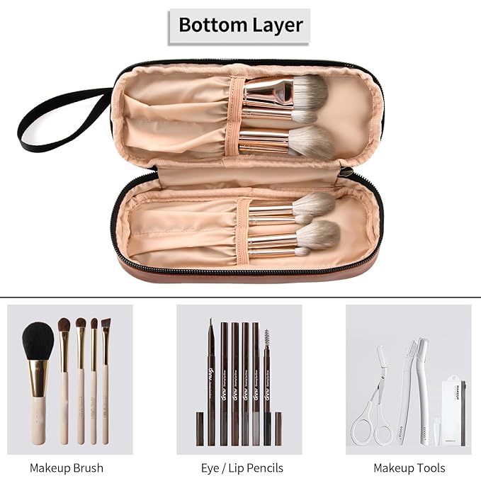 Ethereal Small Makeup Bag for Purse, Stripe Makeup Brush Organizer Bag Travel Make up Bags for Women Double Layer Makeup Pouch for Girls/Women