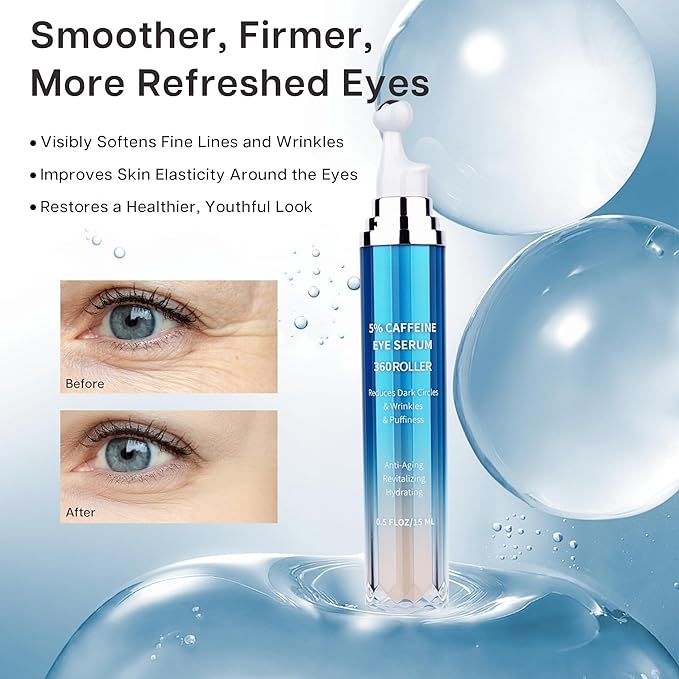 Eye Serum for Dark Circles and Puffiness, 5% Caffeine 8% Retinol Under Eye Cream with Build-In 3D Roller Applicator, Hyaluronic Acid Peptide for Hydration Fine lines Wrinkles, 0.5 fl oz