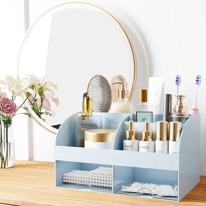 Makeup Organizer with Drawers, Cosmetic Storage for Dresser Vanity and Bathroom Countertop, Beauty Holder for Lipstick Brush, Skincare Organizer for Vanity, Cosmetic Display Case (Blue)