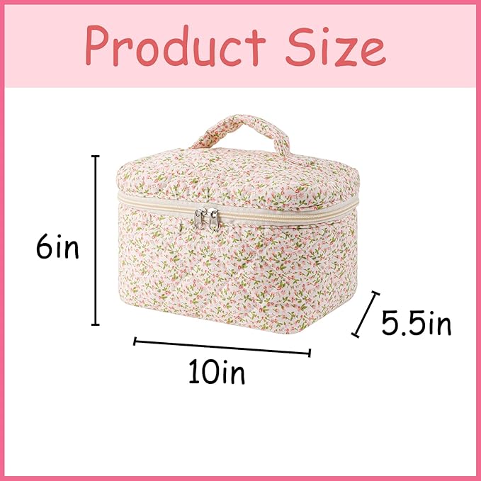 uekeboag Large Travel Quilted Makeup Bag for Women, Floral Cotton Cosmetic Bag, Coquette Aesthetic Floral Toiletry Organizer Bag