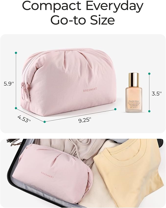 BAGSMART Makeup Bag Travel Toiletry Bag, Cute Make Up Bag, Large Capacity Cosmetic Bags for Women, Wide-open Makeup Pouch Travel Essentials Toiletries Accessories Brushes (Pink)