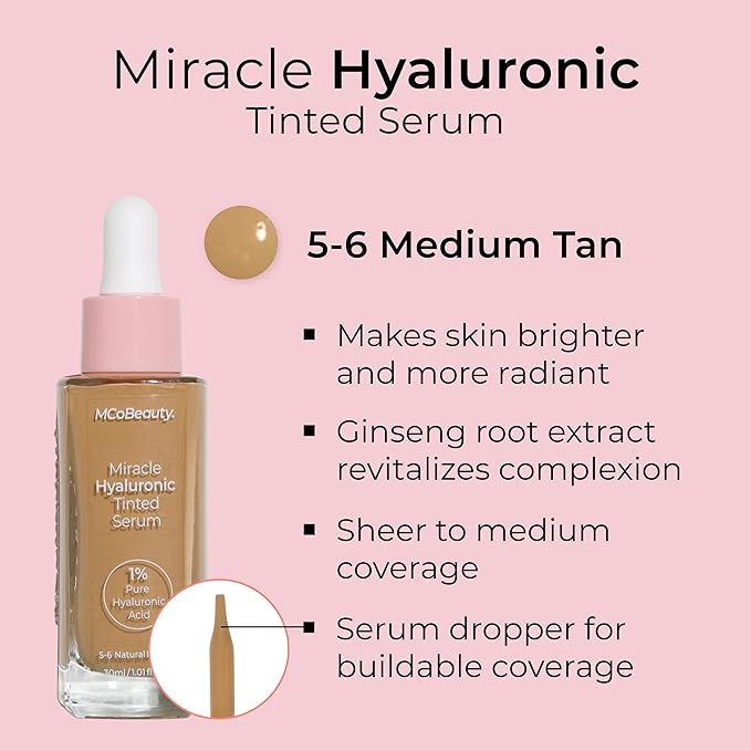 MCoBeauty Miracle Hyaluronic Tinted Serum, 5-6 Medium/Tan, Hydration & Glow for Radiant Skin, Vegan, Cruelty Free Cosmetics