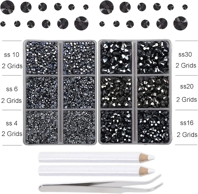 10000Pcs 2-Boxes Mixed Size Hot Fix Round Crystals Gems Glass Stones Hotfix Flat Back Rhinestones with Tweezers and Picking Pencil (Hematite Black)
