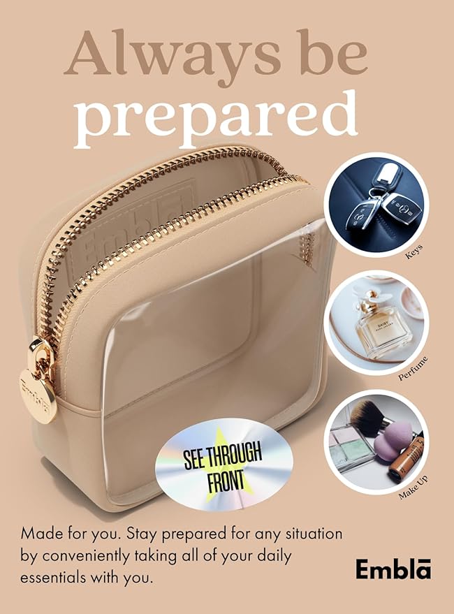 Embla Clear Cosmetic Bag Makeup Case, Clear Zipper Make Up Pouch and Toiletry Travel Tote, Cute Skincare Pouches for Women Girls, Preppy Purse Cosmetic Organizer, Mini Makeup Bags, Sand