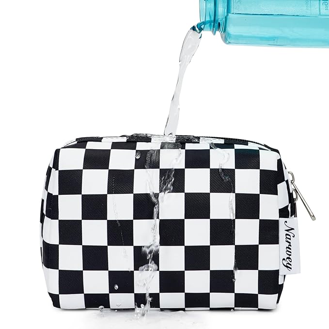 Narwey Small Checkered Makeup Bag for Purse Mini Cosmetic Bag Travel Makeup Pouch Zipper Pouch Cute Make up Bags with Compartments for Women Girls (Black Checkerboard, Small)