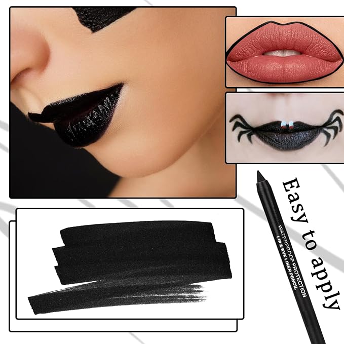 2PCS Matte Black Lip Liner and Lipstick Set, High Pigmented Liquid Lipstick, Long Lasting Waterproof Lipgloss Liner for Goth Christmas Halloween Cosplay Makeup