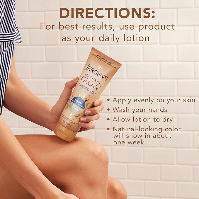 Jergens Natural Glow +Firming Self Tanner Body Lotion, Fair to Medium Skin Tone, Sunless Tanning Moisturizer with Collagen and Elastin. Helps to Visibly Reduce Cellulite, 7.5 Fl Oz