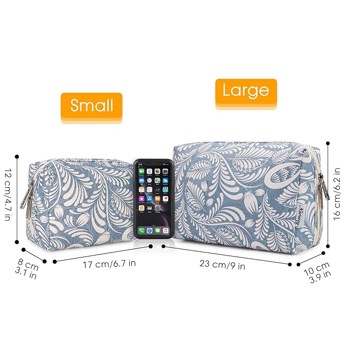 Narwey Small Makeup Bag for Purse Mini Cosmetic Bag Travel Makeup Pouch Zipper Pouch Cute Make up Bags with Compartments for Women Girls (Small, Blue Leaf)