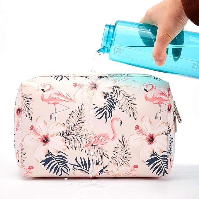 Narwey Cute Makeup Bag Travel Cosmetic Bag Organizer Toiletry Bag Make Up Bags with Compartments for Women Girls (Large, Beige Flamingo)