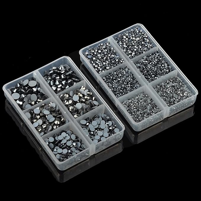 10000Pcs 2-Boxes Mixed Size Hot Fix Round Crystals Gems Glass Stones Hotfix Flat Back Rhinestones with Tweezers and Picking Pencil (Hematite Black)