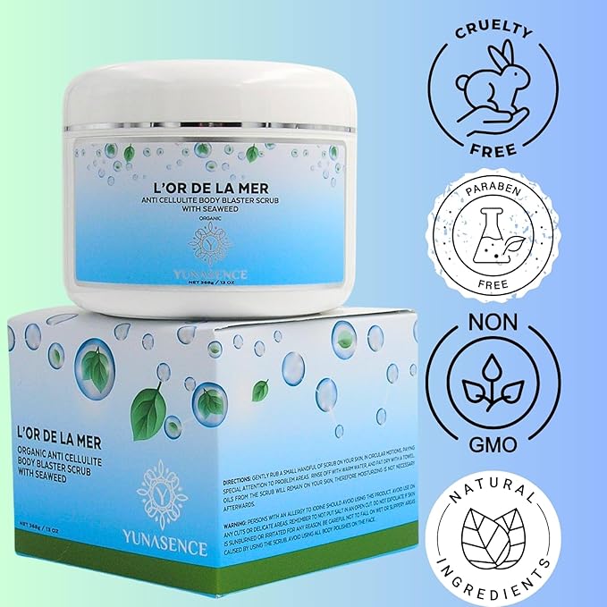 YUNASENCE L'OR DE LA MER Organic Anti Cellulite Body Blaster Scrub with Sea Salt, Seaweed, Lemongrass 13oz Smoothing Exfoliating Moisturizing Skin Massage Treatment.