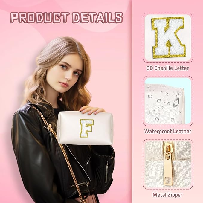 TOPEAST Preppy Stuff for Girls, Initial Makeup Bag Chenille Letter Pouch Cosmetic Bag with Zipper, PU Leather Waterproof Toiletry Bag, Cute Stuff Birthday Gift for Friends Sister (White T)
